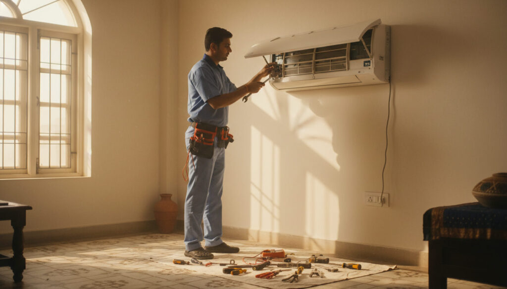 editorial graph of an Indian AC technician in a light blue uniform servicing a wall-mounted split air conditioner unit…