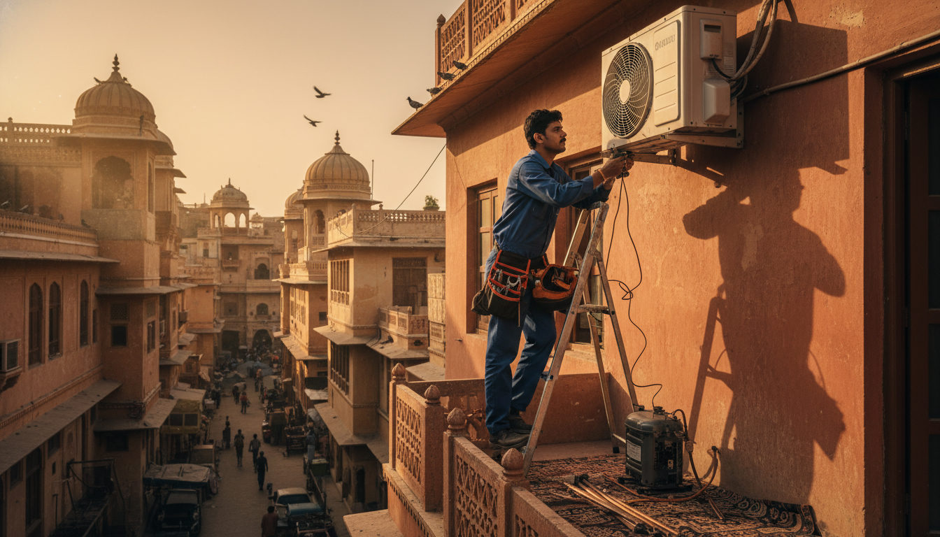 An AC technician servicing a split air conditioner unit on the wall of a Jaipur apartment