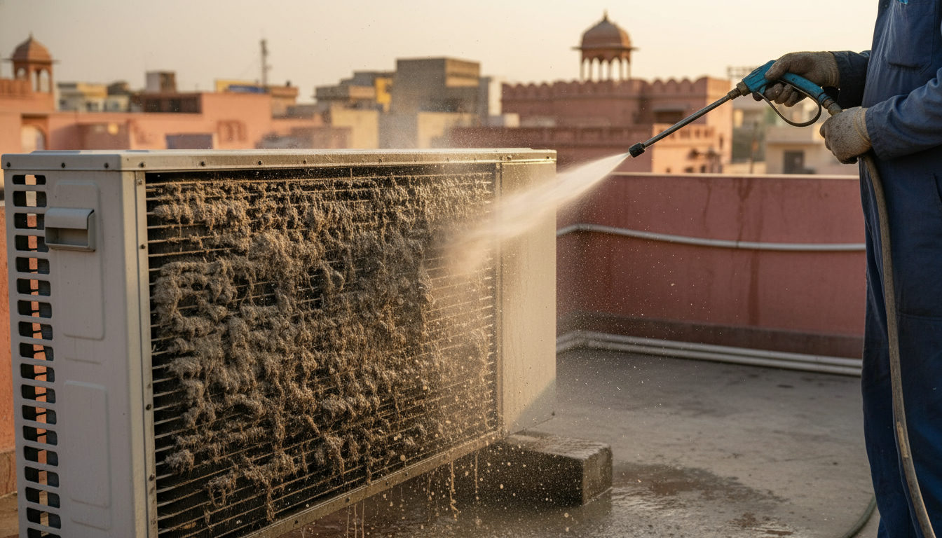 Close-up of a dirty AC condenser coil covered in dust being cleaned by a technician in Jaipur