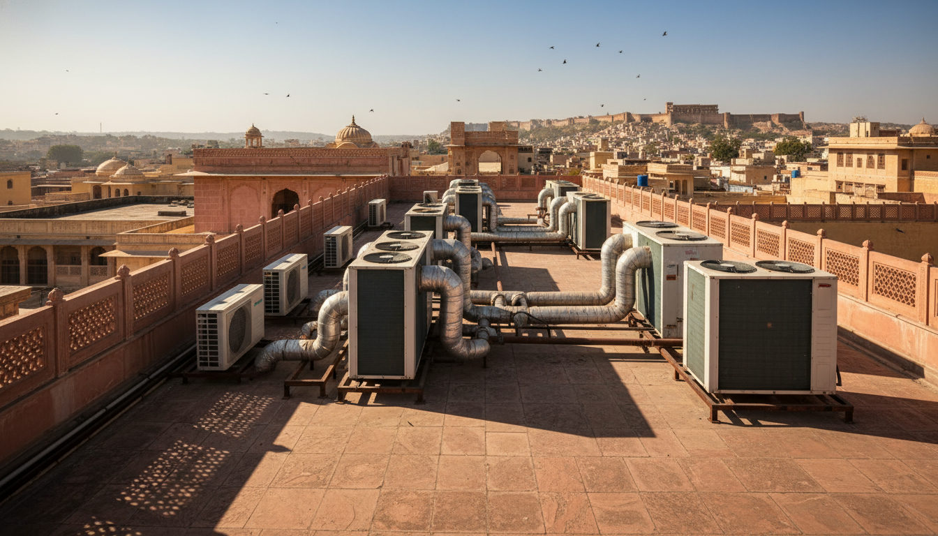A Jaipur home rooftop with multiple outdoor AC condenser units installed on a sunny day