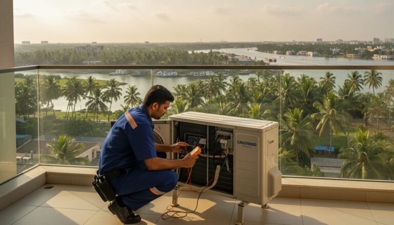 editorial an AC technician in a blue uniform inspecting the outdoor condenser unit of a split air conditioner on a…