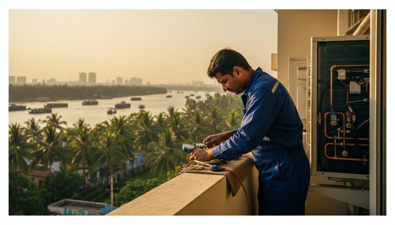 AC technician servicing a split AC outdoor unit on a Kochi apartment balcony with the backwaters visible in the background