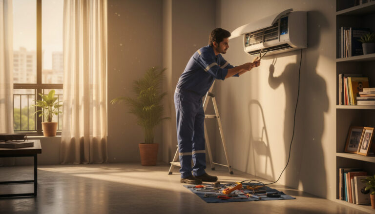 editorial an HVAC technician in a blue uniform servicing a wall-mounted split air conditioner unit inside a modern Kolkata…