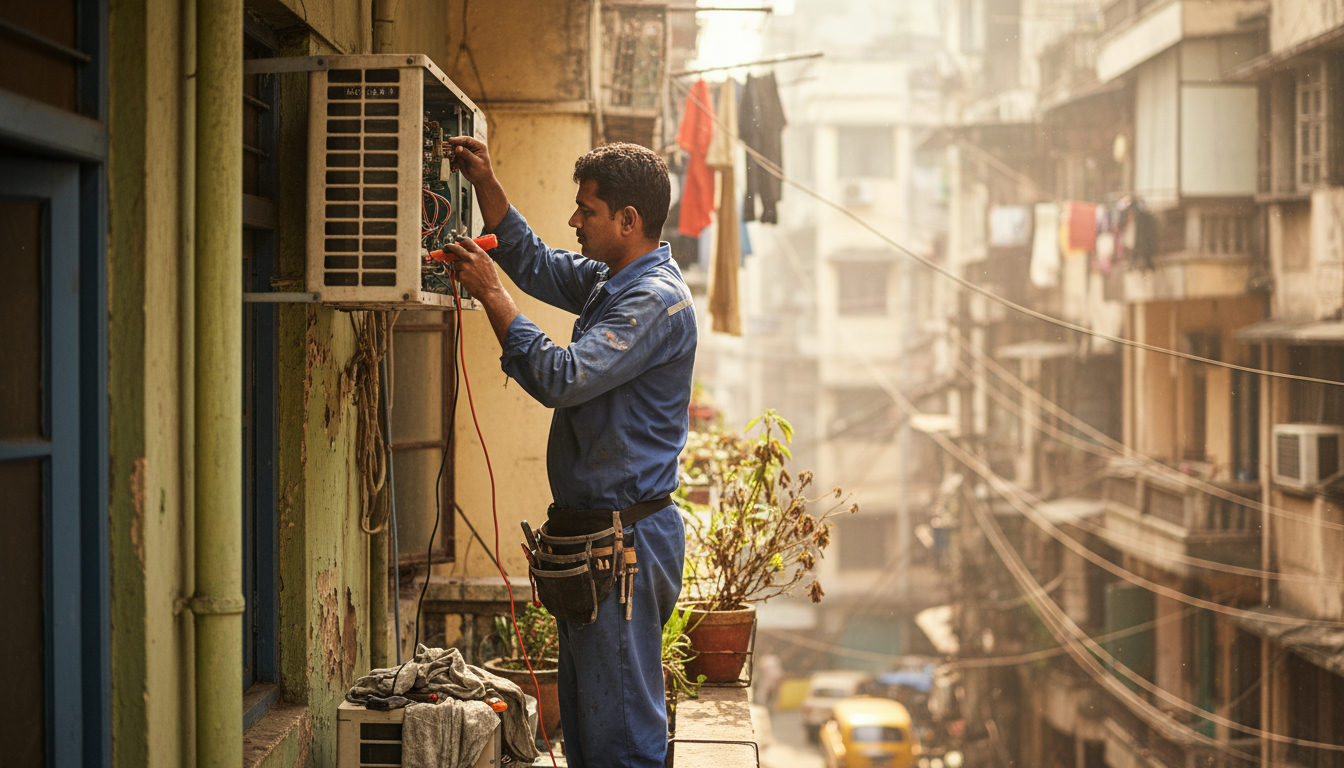 A technician repairing a split AC unit on the wall of a Kolkata apartment during summer