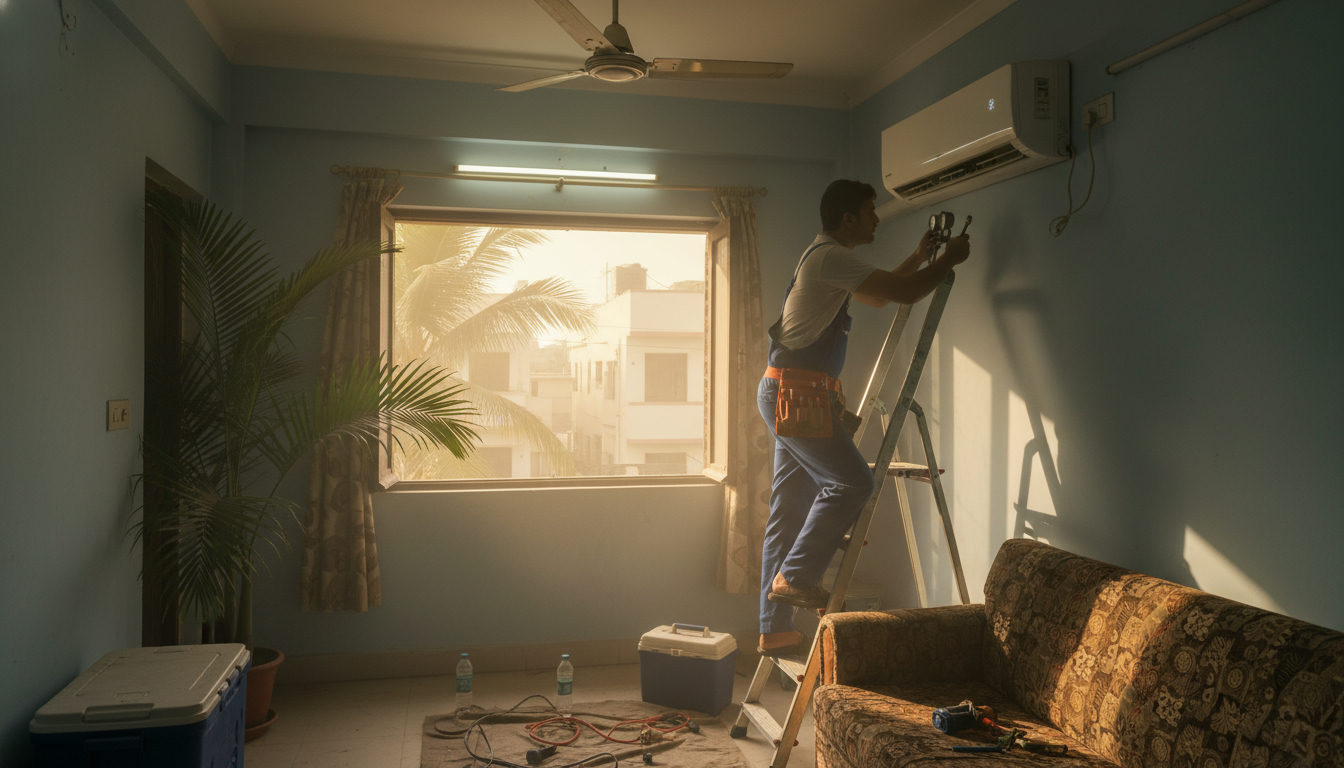 AC technician servicing a split AC unit on the wall of a Lucknow apartment during summer