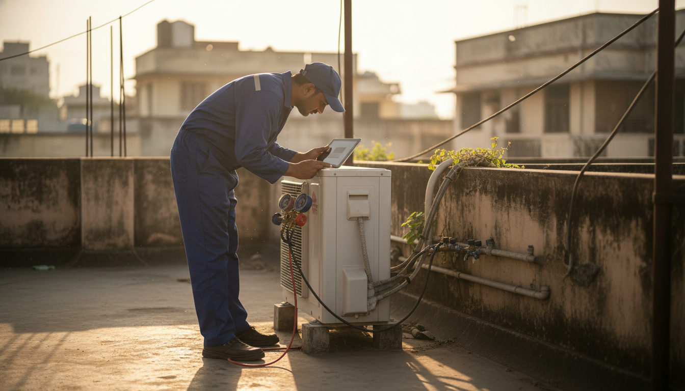 Technician checking refrigerant pressure on a split AC outdoor unit at a Lucknow residential building