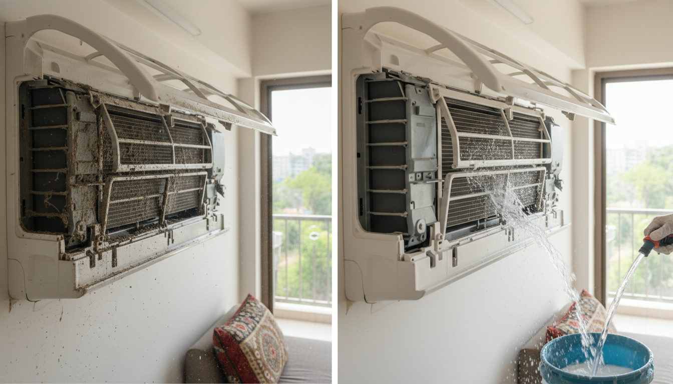 Before and after split AC indoor unit deep clean showing dust buildup removed by foam jet service in Lucknow
