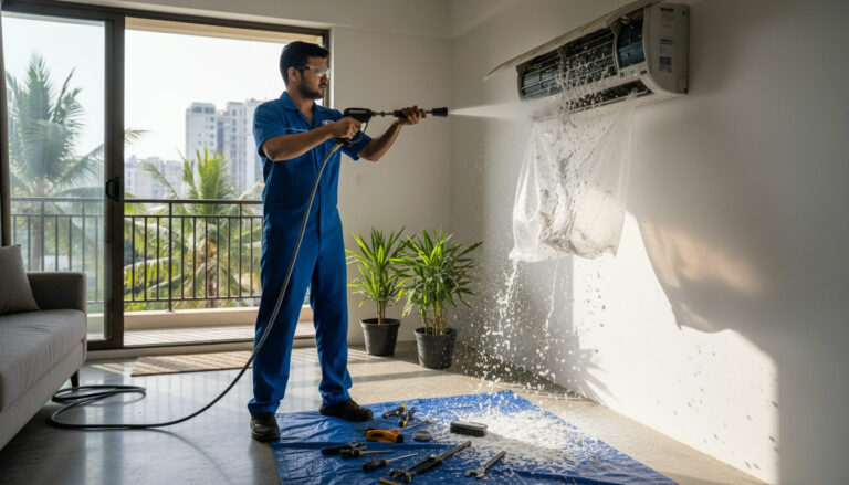 editorial an AC technician in a modern Mumbai apartment performing a foam jet wash on a wall-mounted split air conditioner…