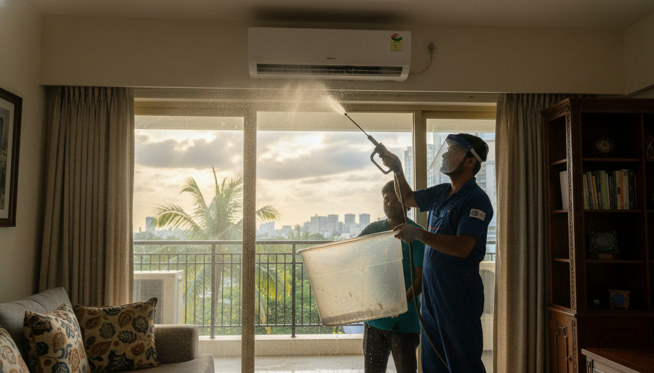 An AC technician performing a jet wash service on a split AC unit in a Mumbai apartment