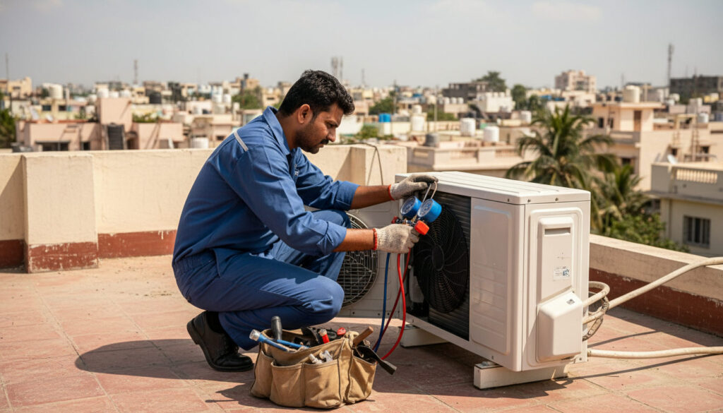 editorial an AC technician in a blue uniform inspecting the outdoor compressor unit of a split air conditioner on the…