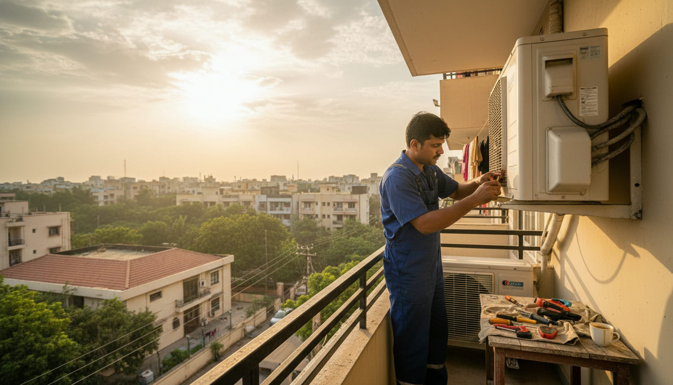 AC technician repairing a split AC unit on a Pune apartment balcony in summer