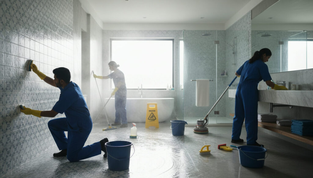 editorial a cleaning team in blue uniforms scrubbing bathroom tiles in a modern Indian apartment, bright natural light,…