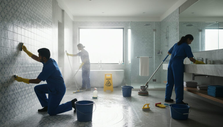 editorial a cleaning team in blue uniforms scrubbing bathroom tiles in a modern Indian apartment, bright natural light,…