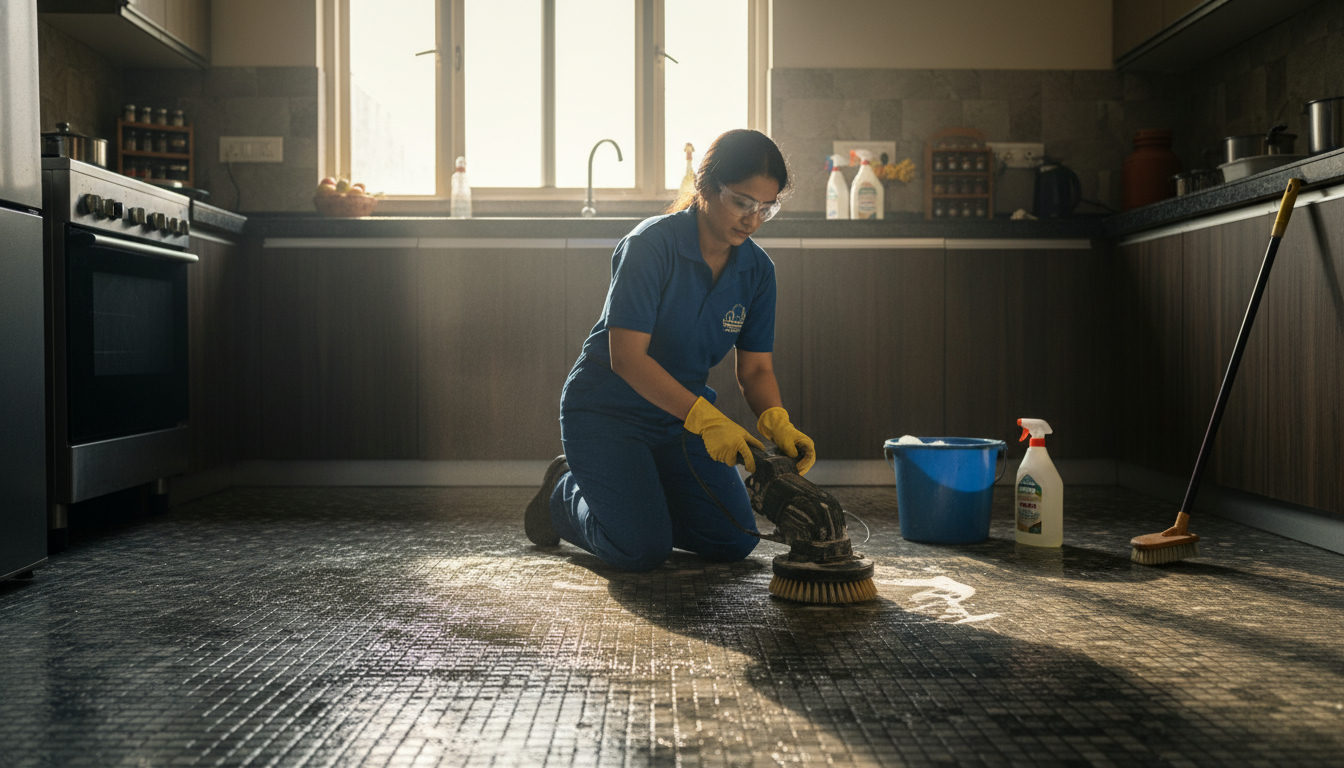 Professional deep cleaning technician scrubbing kitchen tiles in a Central Delhi apartment