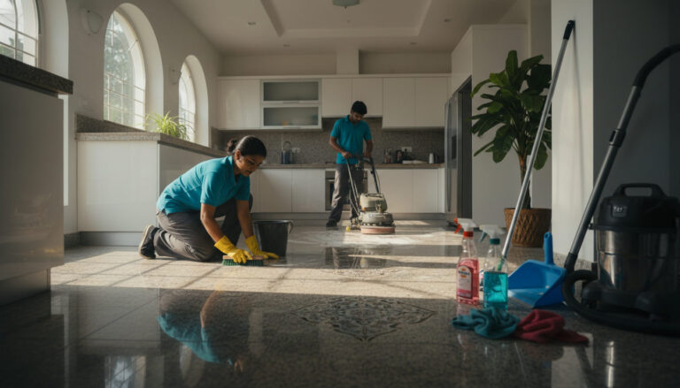 editorial graph of two house cleaners in matching uniforms scrubbing kitchen tiles in a modern Chennai apartment, natural…