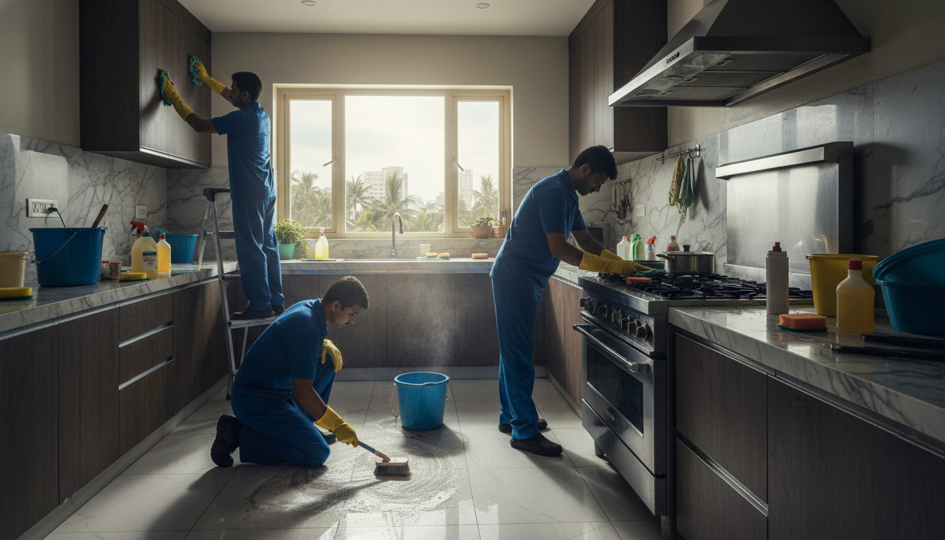 A professional deep cleaning team working on a kitchen in a Chennai apartment, scrubbing tiles and appliances