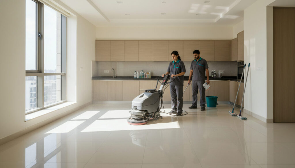 editorial two cleaners in uniform using a floor scrubbing machine inside a bright modern Indian apartment kitchen in East…