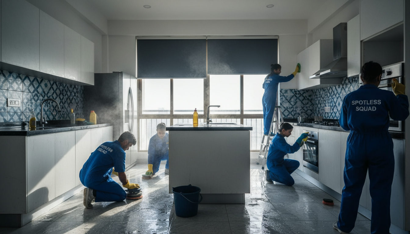 A professional deep cleaning team working in a modern Indore apartment kitchen, scrubbing tiles and appliances