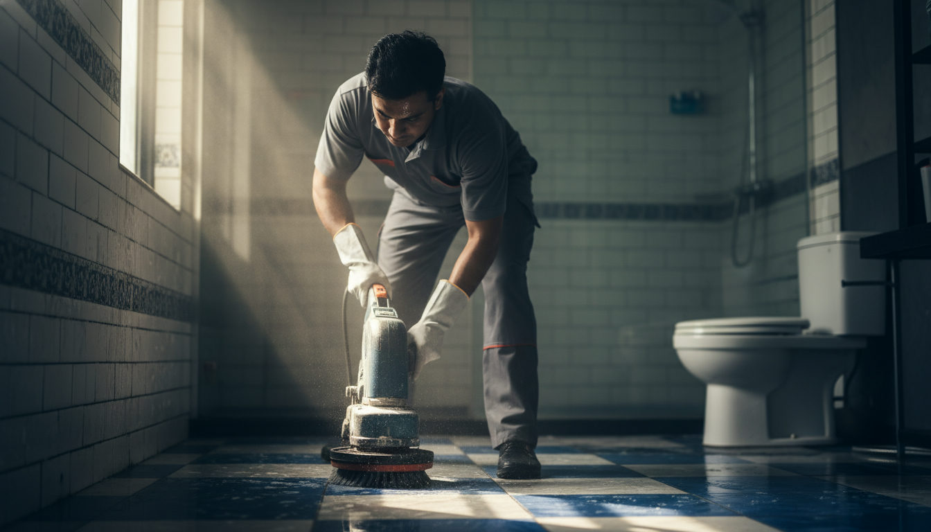 Close-up of a cleaning professional scrubbing bathroom tiles with a machine scrubber in an Indore home