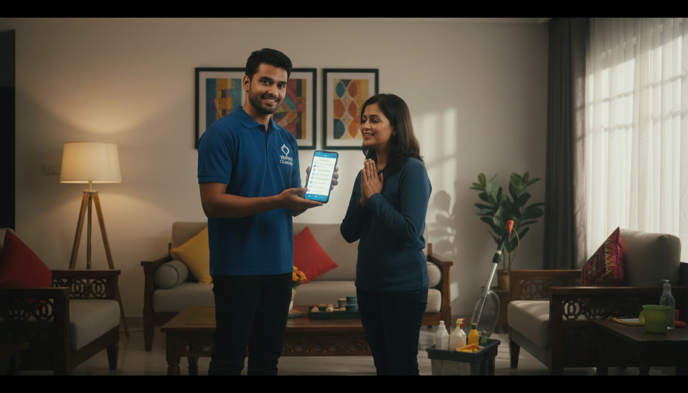 A home service provider in Indore showing a cleaning checklist to a customer on a mobile phone before starting work