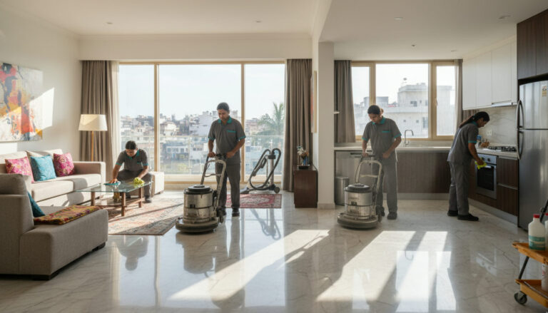 editorial a cleaning team in uniform using machine floor scrubbers and cleaning equipment inside a bright modern Indian…
