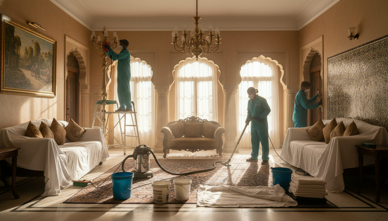 A professional cleaning team doing deep house cleaning in a Jaipur apartment with equipment