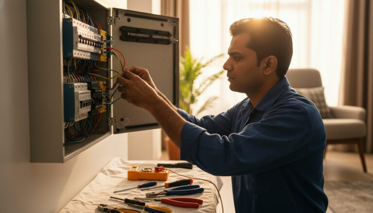 close-up of a skilled Indian electrician in a blue work shirt carefully wiring a residential switchboard inside a modern…
