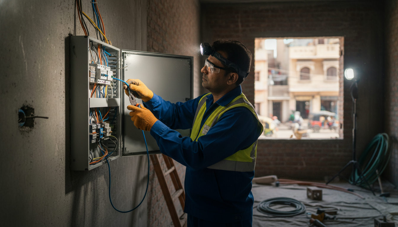 A licensed electrician in Jaipur wiring a switchboard in a residential apartment
