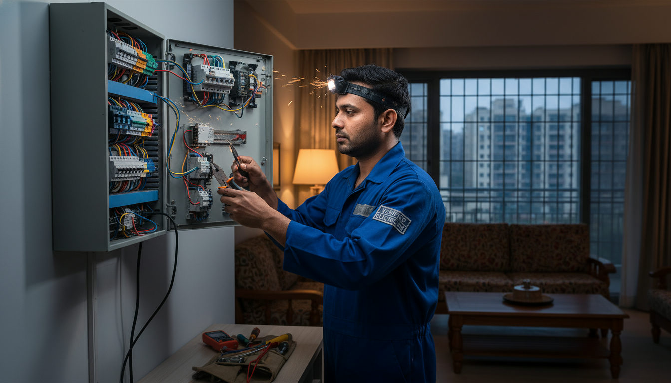 A verified electrician fixing a switchboard in a West Delhi apartment in Dwarka
