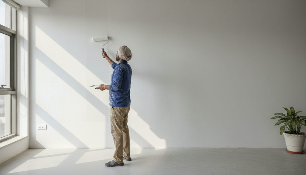 editorial a Indian house painter in work clothes carefully applying white emulsion paint to an interior wall in a modern…