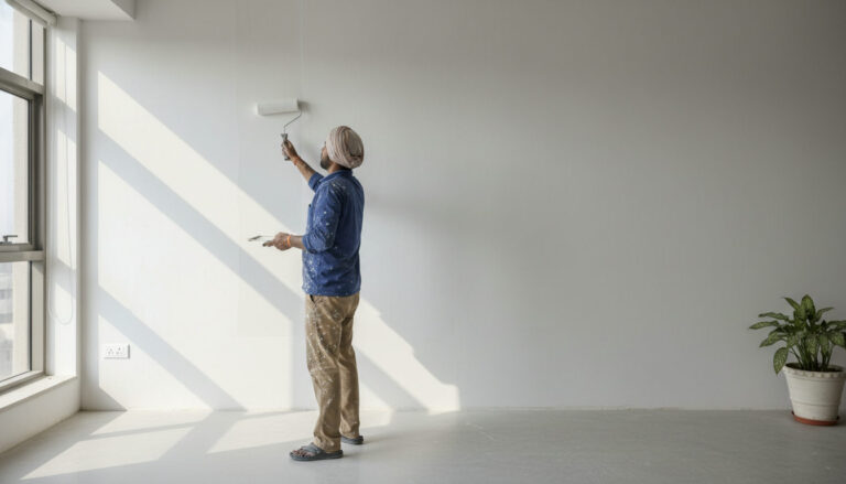 editorial a Indian house painter in work clothes carefully applying white emulsion paint to an interior wall in a modern…