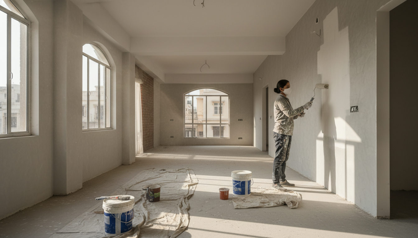 A professional painter applying interior emulsion paint in a flat in Bopal, Ahmedabad
