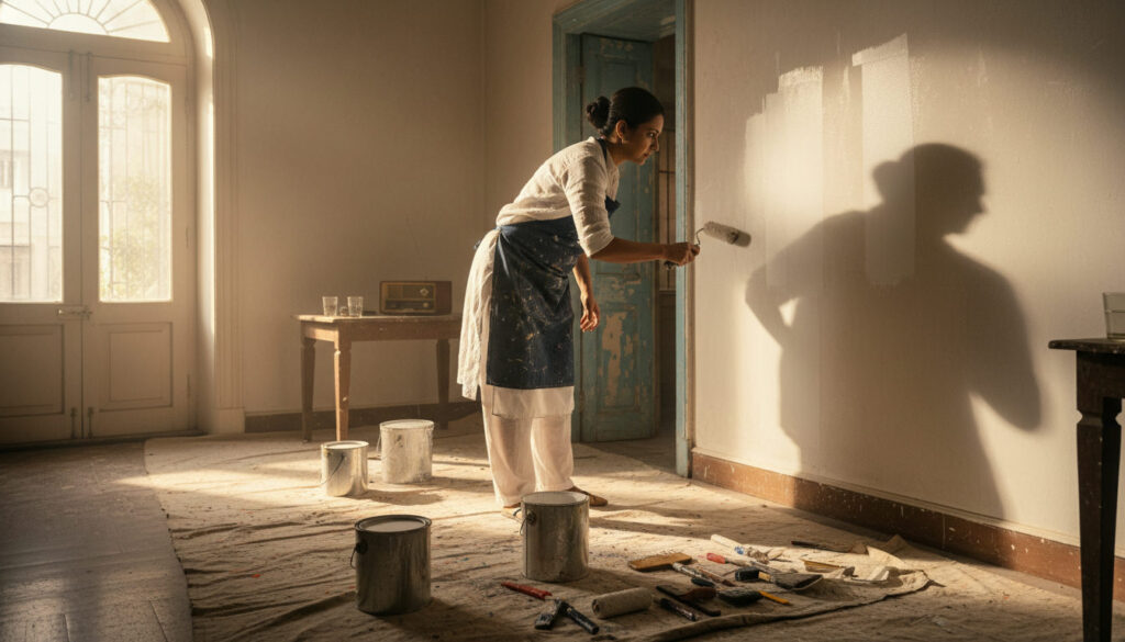 editorial a Indian painter carefully applying white interior wall paint in a sunlit older Delhi apartment, drop cloths…