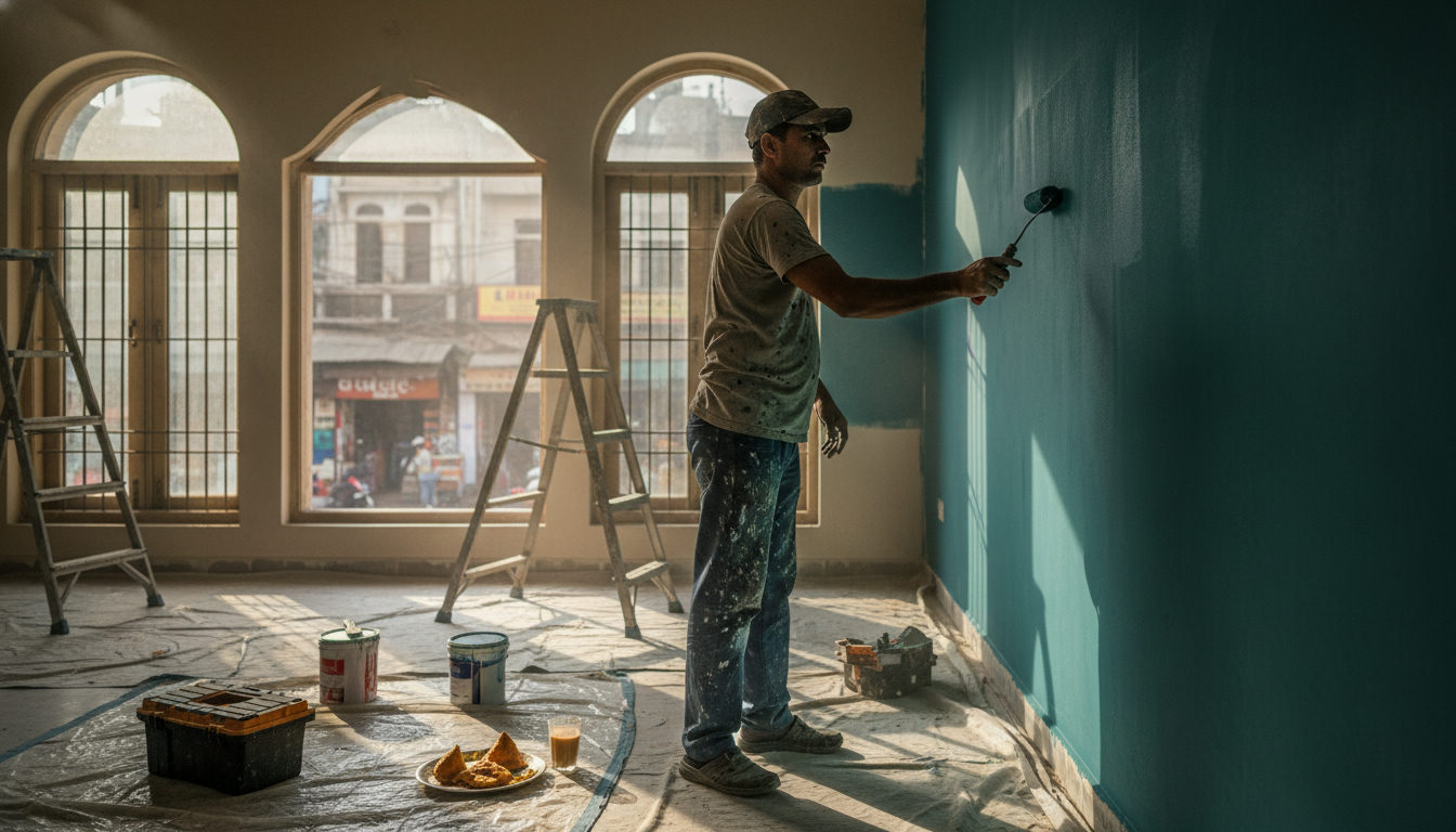 A professional painter applying interior wall paint in a Central Delhi apartment near Karol Bagh
