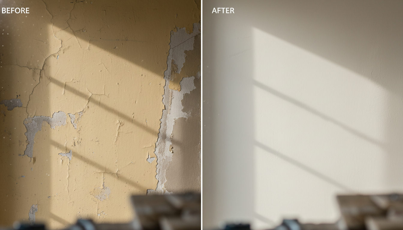 Before and after interior wall painting in a Central Delhi flat showing smooth finish after crack filling and primer coat