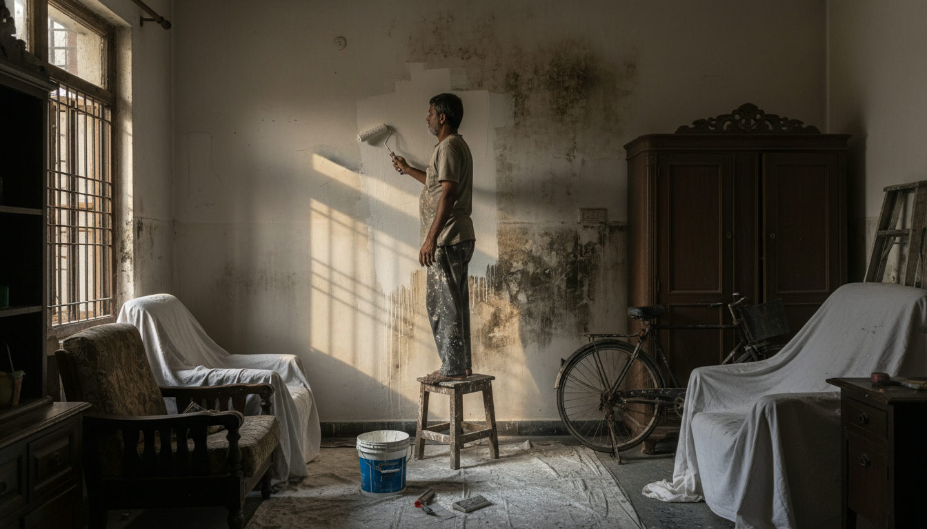A painter in Central Delhi applying anti-fungal emulsion to a damp wall in a ground floor flat near Paharganj
