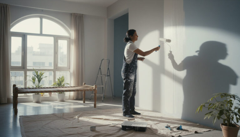 editorial a painter applying smooth white emulsion paint on an interior wall of a bright Delhi apartment, natural daylight…
