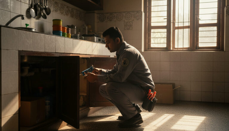 editorial a uniformed pest control technician in a Bhopal apartment applying gel treatment inside a kitchen cabinet,…
