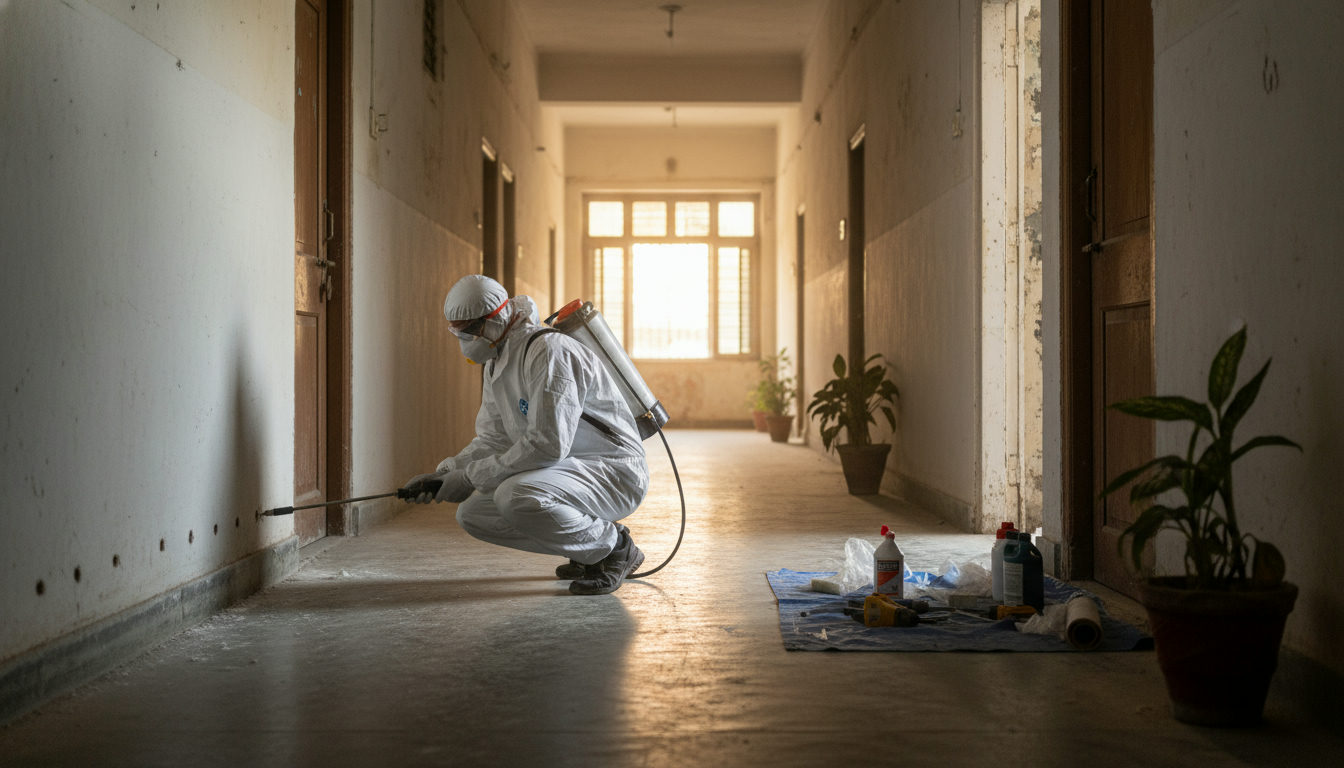 A pest control technician applying termite treatment in a Bhopal apartment building corridor