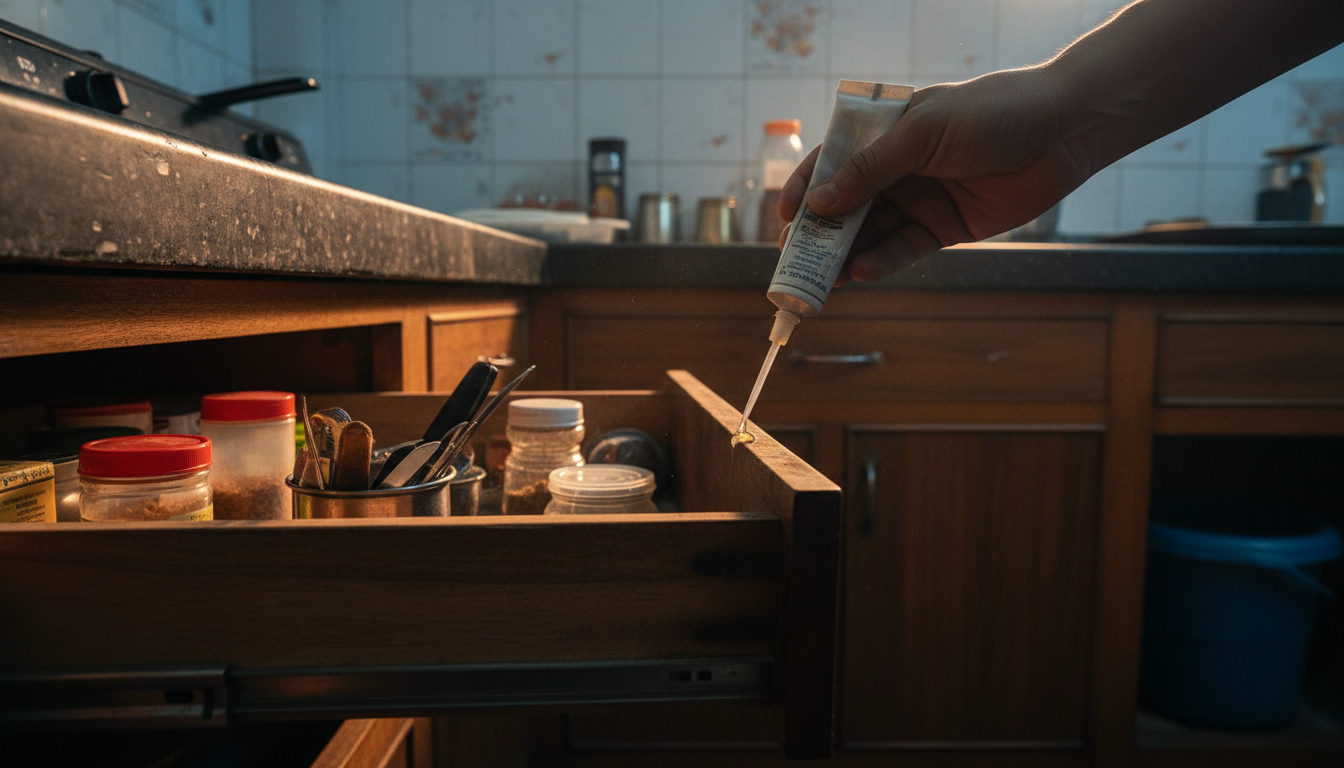Close-up of cockroach gel bait being applied inside a kitchen drawer in a Bhopal home