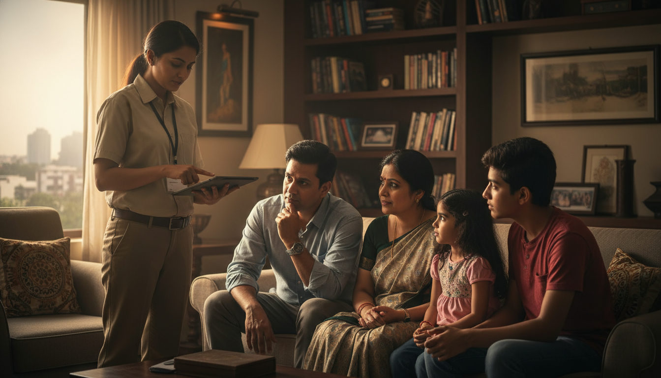 A pest control technician explaining an annual maintenance contract to a family in a Bhopal living room