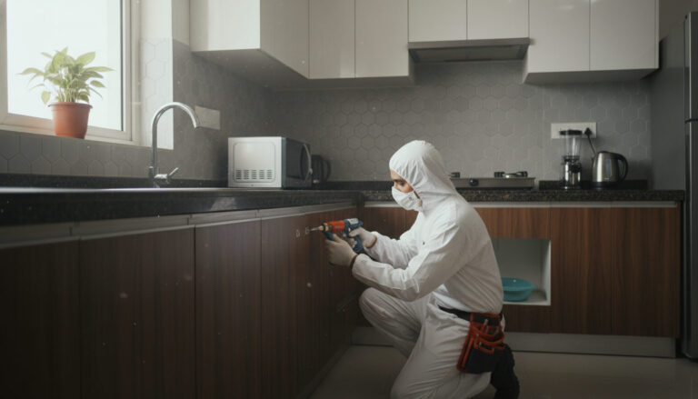 editorial a pest control technician in protective white overalls and gloves applying gel bait treatment inside a modern…