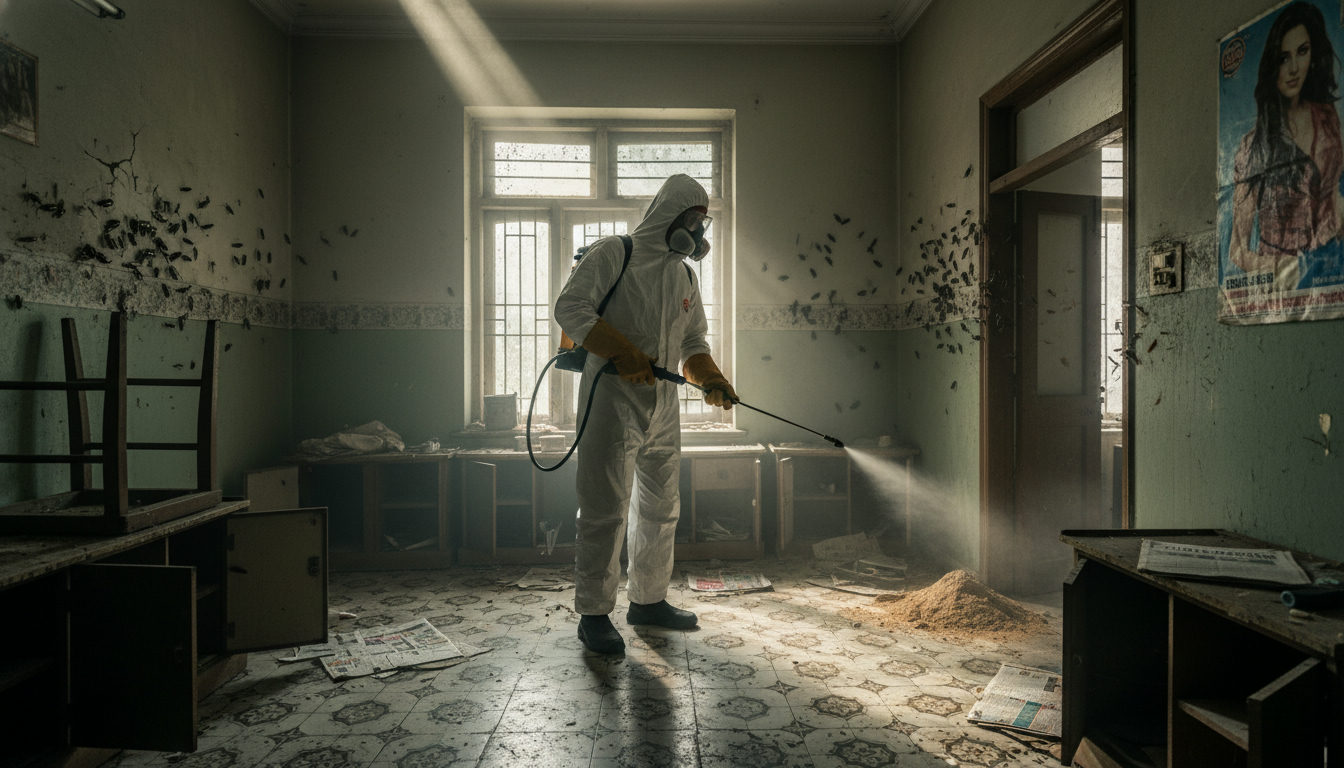 A pest control technician in protective gear treating a Lucknow apartment for cockroaches and termites