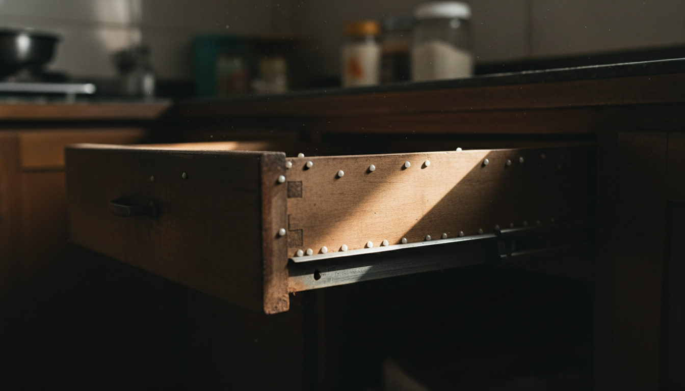 Close-up of gel bait dots applied inside a kitchen cabinet drawer during pest control treatment in Lucknow