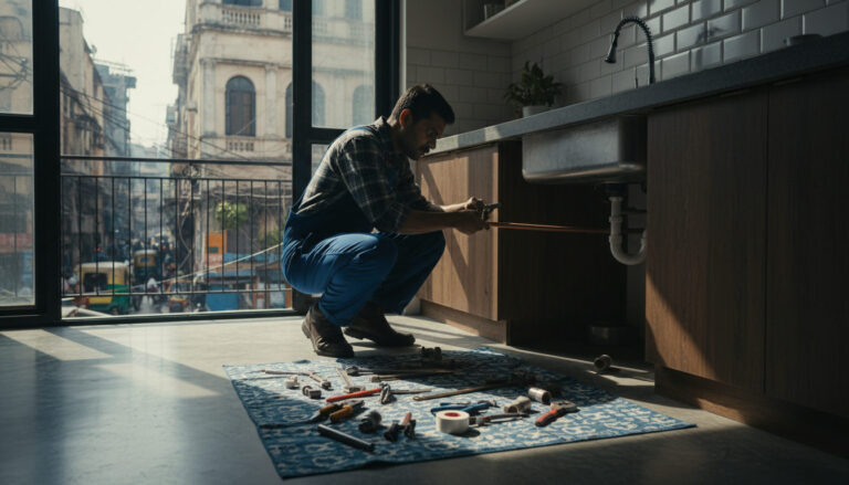 editorial a skilled male plumber in work clothes crouched under a kitchen sink in a modern Indian apartment, tools laid out…