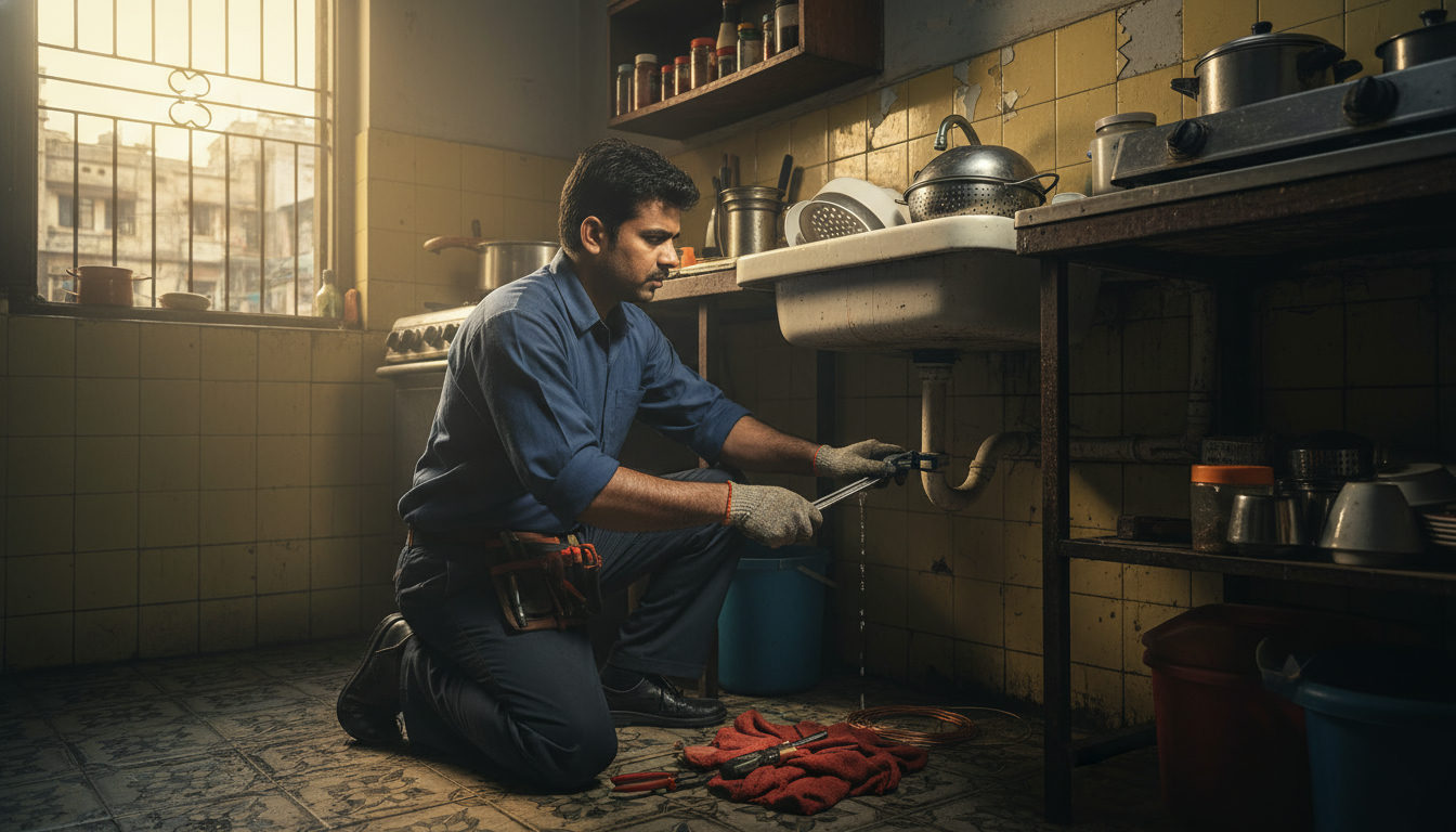 A professional plumber fixing a leaking pipe under a kitchen sink in a Kolkata apartment