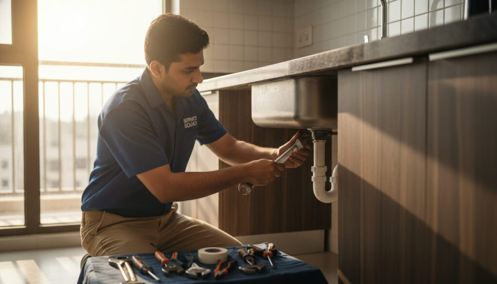 editorial a plumber in work uniform repairing a pipe under a kitchen sink in a modern Indian apartment, natural window…