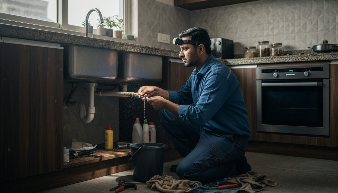 A professional plumber repairing a leaking pipe under a kitchen sink in a Lucknow apartment