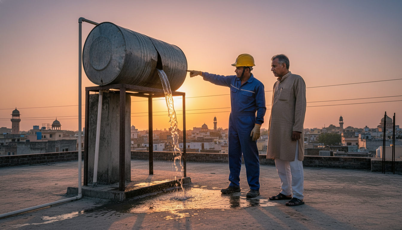 A plumber showing a Lucknow homeowner the issue with their overhead water tank on a rooftop
