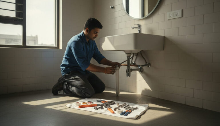 editorial a skilled Indian plumber in a modern Nagpur apartment bathroom, fixing pipes under a sink, natural window light,…
